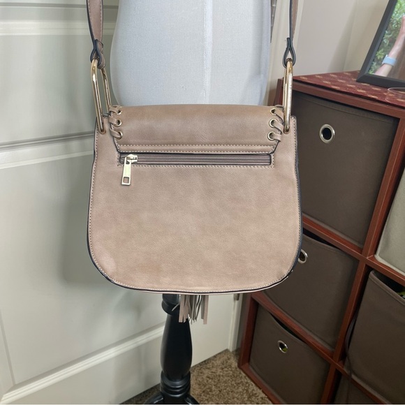 Braided Tassel Taupe Crossbody Saddle Bag - Picture 3 of 17